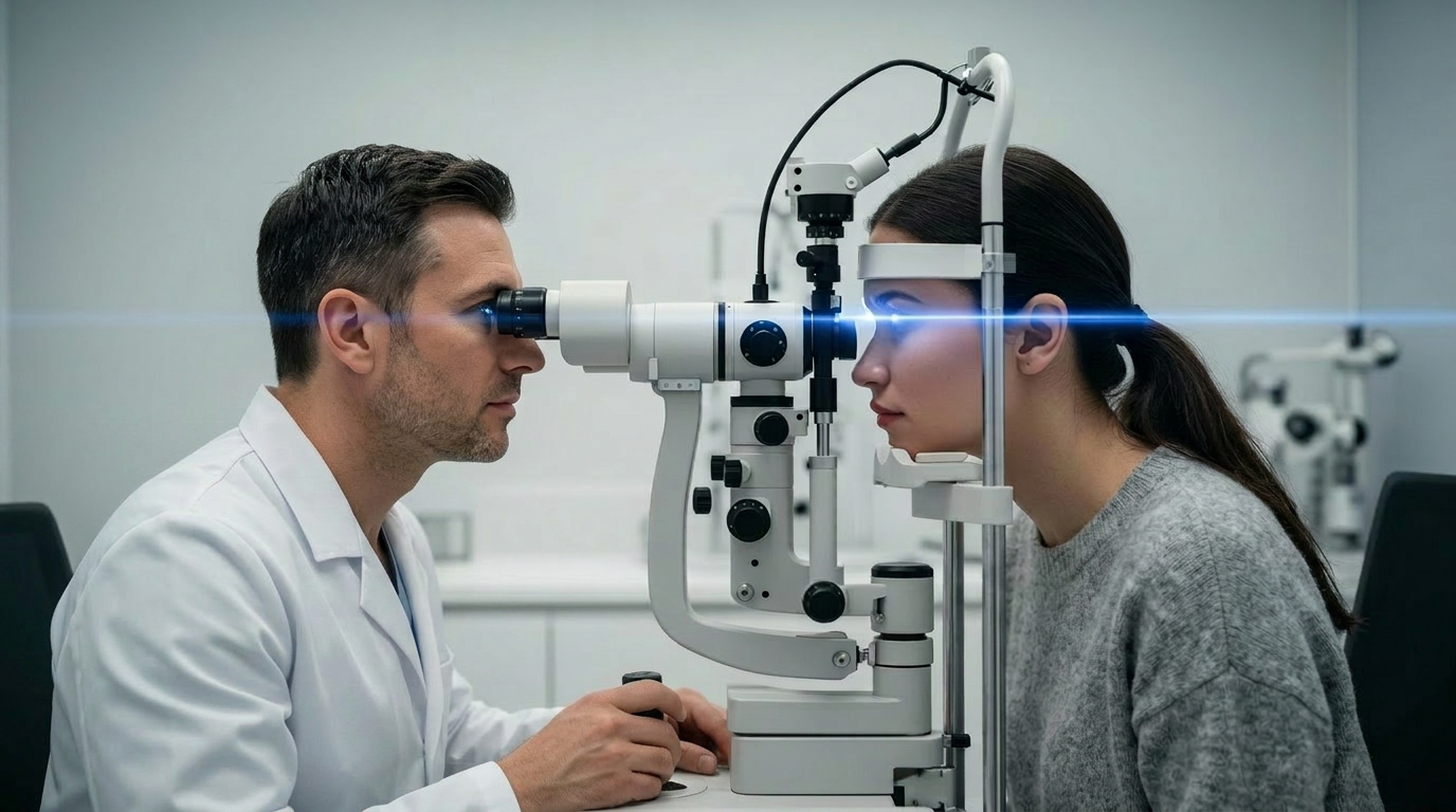 Optometrista a realizar exame de visão com equipamento moderno